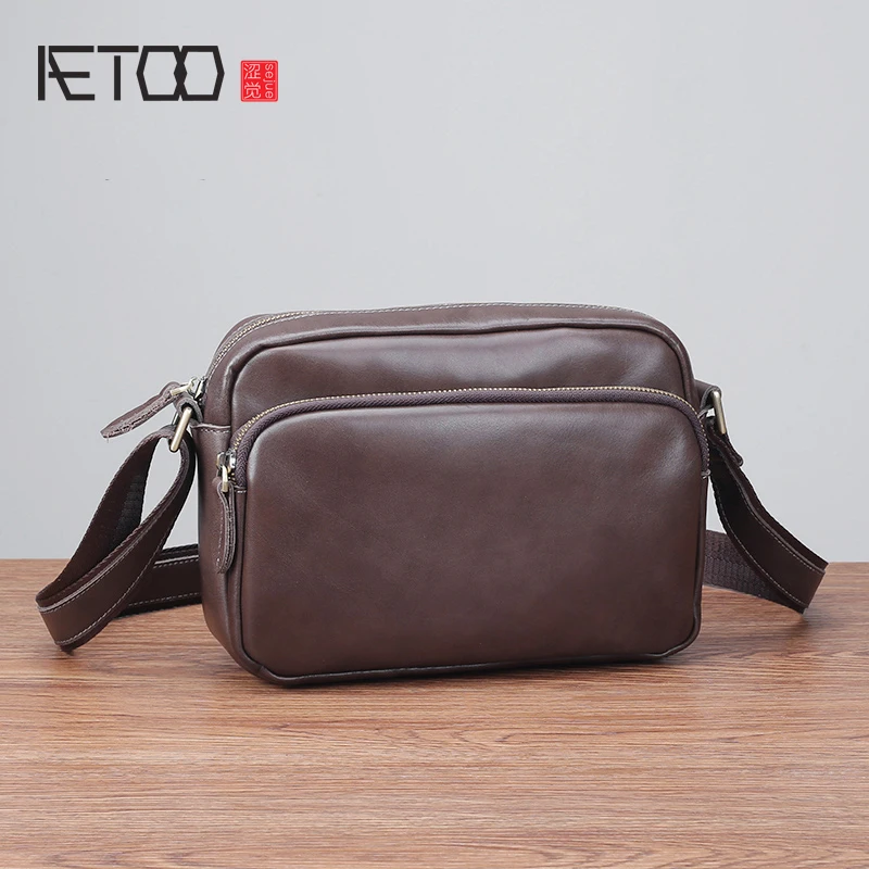 

AETOO Leather male bag fashion trend single shoulder bag oblique cross leisure men's head cowhide Mini bag