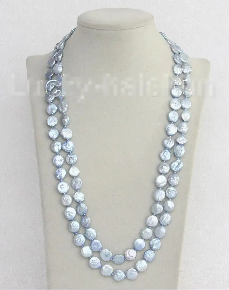 

Hot sale new Style >>>>>llength 48" 12mm coin fastener light blue freshwater pearls necklace j10390