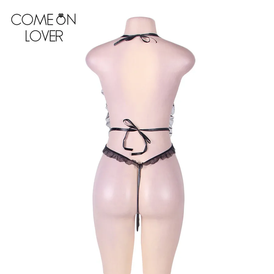 Comeonlover Ночная одежда Тедди+ наручники боди костюм с открытой спиной Глубокий v-образный вырез сексуальное эротическое женское кружевное белье RL80050