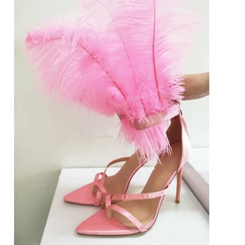 

2019 Summer Latest Design Toe-knob Pointed High Heel Sandals Puffy Feather Party Shoes Women Ankle Buckle Gladiator Sandals
