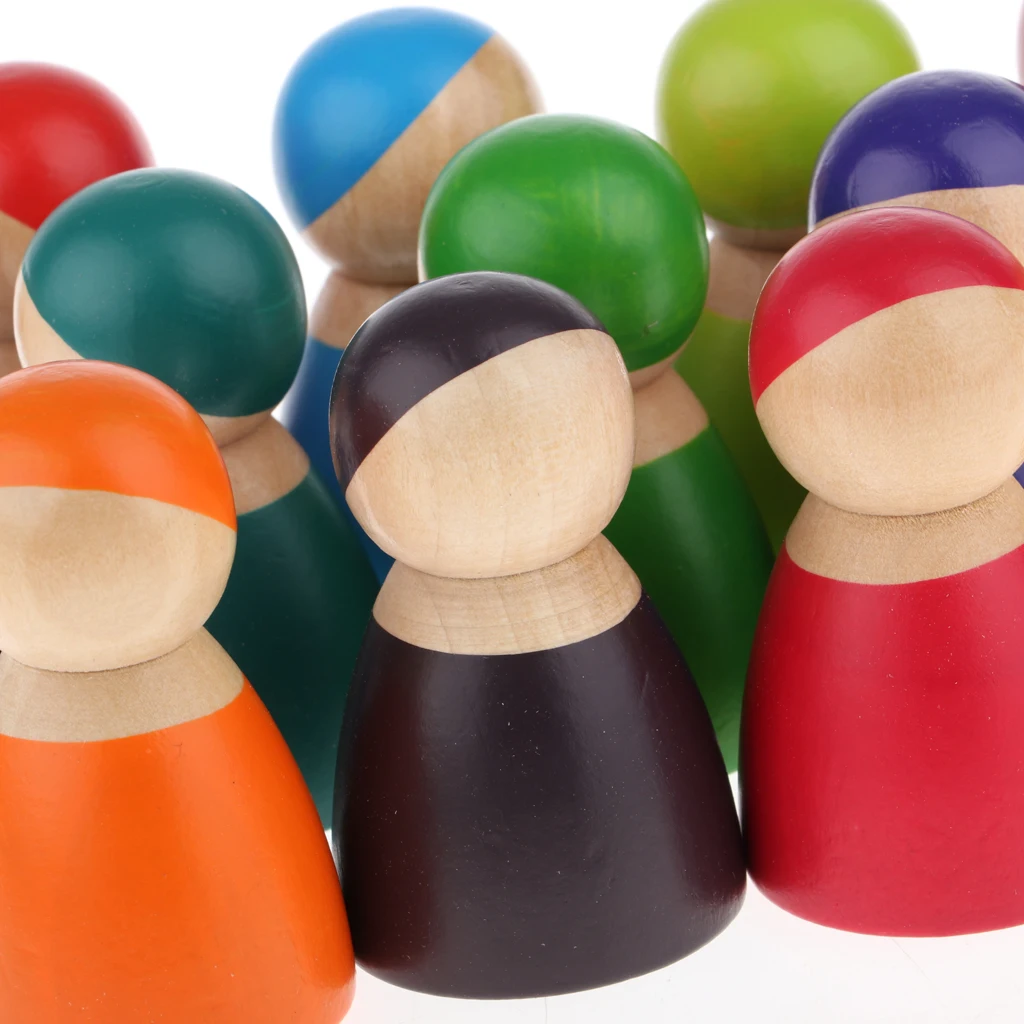 Montessori 12 Pieces Rainbow Friends Wooden Peg Dolls, Matching Toy of Rainbow Nesting Puzzle Blocks