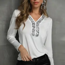 Длинная рубашка Женская мода строчка v-образным вырезом Блестки с длинными рукавами рубашки повседневные офисные женские топы