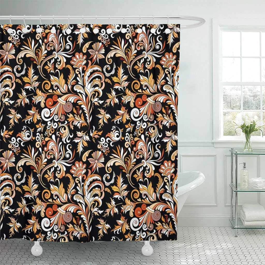 Shower Curtain Abstract Vintage Baroque With Swirls And Flowers Orange Brown Pattern On Black Antique Decorative Bathroom Shower Curtains Aliexpress