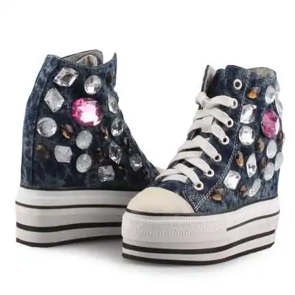 Top Fashion High Quality Denim Canvas Rhinestone Shoes Lace Up Wedges High Heel Casual Elevator Height Increasing Boots H5896