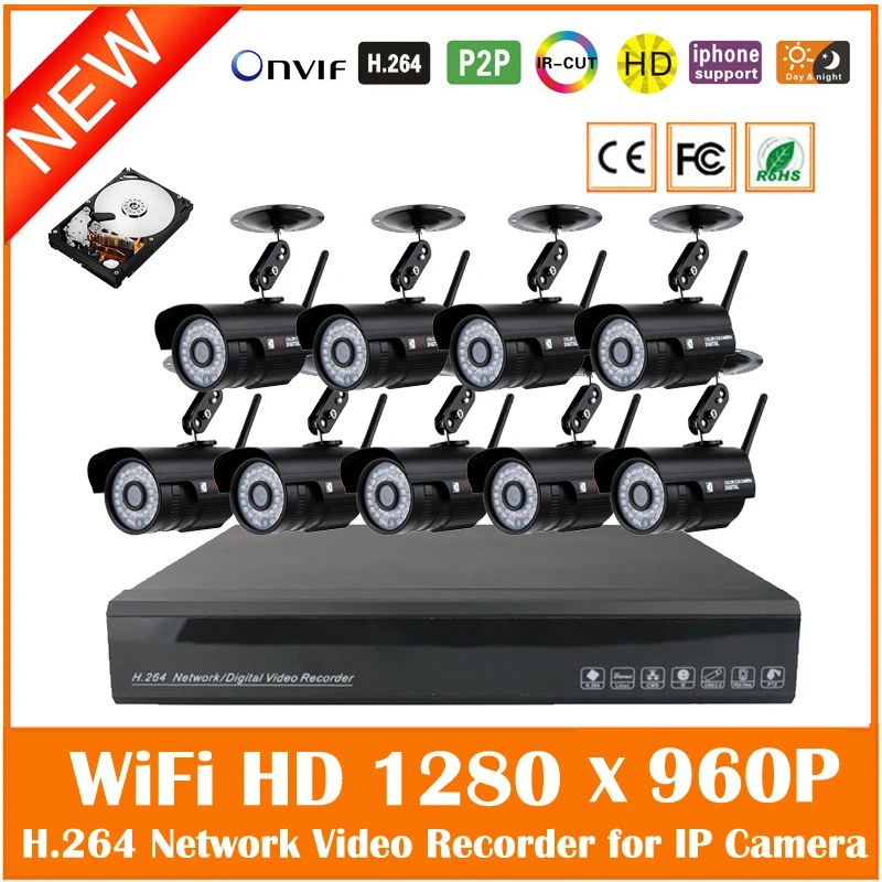  Nvr 8ch And Hd 9pcs 960p Wi Fi Bullet Ip Camera Surveillance Kit Wireless Set Outdoor Waterproof Night Vision Security Cctv Hot  