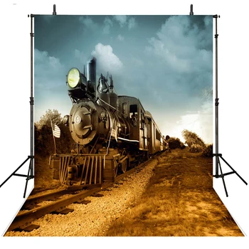 

6.5*10ft Blue Sky White Cloud Retro Train Photography Background Cloth Outside Filed Photo Backdrops for Photo Studio Custom