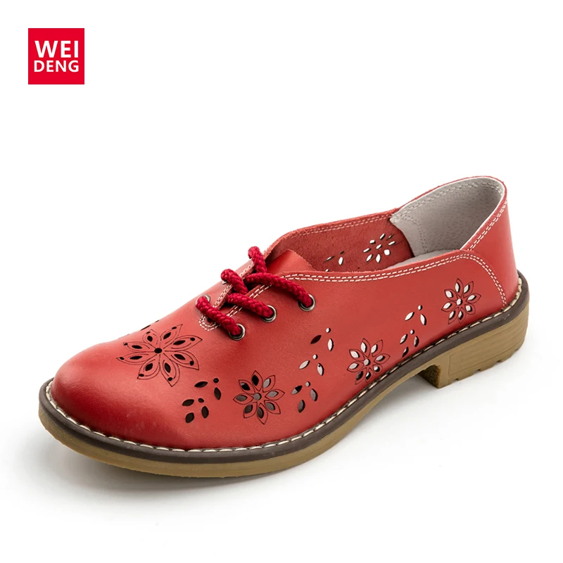 online WeiDeng Brogue Couro Genuíno Das Mulheres Flats Casual Ladies Designer Oxford Rendas Até Ankle Boots de Moda Artesanal Para As Mulheres 2018