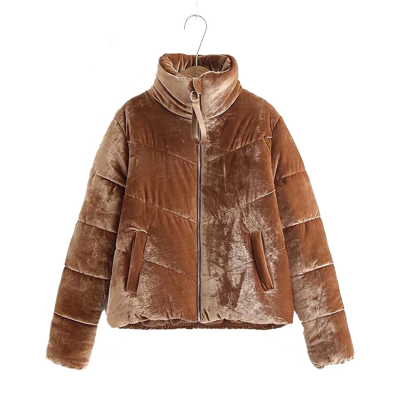 

2018 Winter Women Solid Velvet Puffer Parkas Coats Fashion Long Sleeved Turtleneck Warm Jacket Sweet Fall Short Jacket