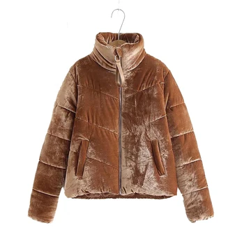 

2018 Winter Women Solid Velvet Puffer Parkas Coats Fashion Long Sleeved Turtleneck Warm Jacket Sweet Fall Short Jacket