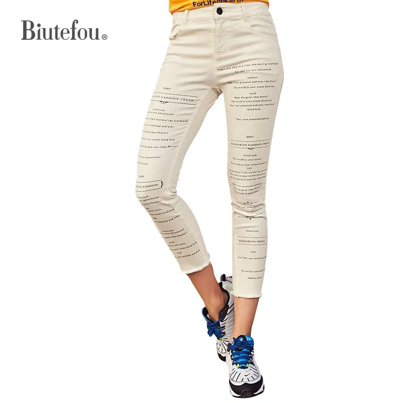 

2019 New arrival high waist slim white jeans women fashion letter print denim pants