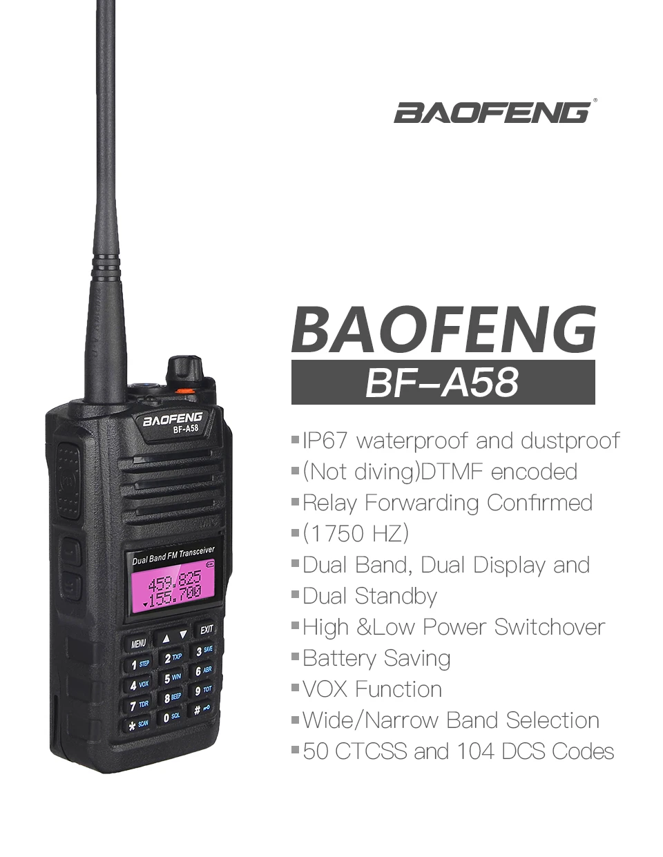 Baofeng BF-A58 портативная рация 10 км UHF VHF IP67 Морская водонепроницаемая двухсторонняя радиостанция приемопередатчик Ham Радио Baofeng A58