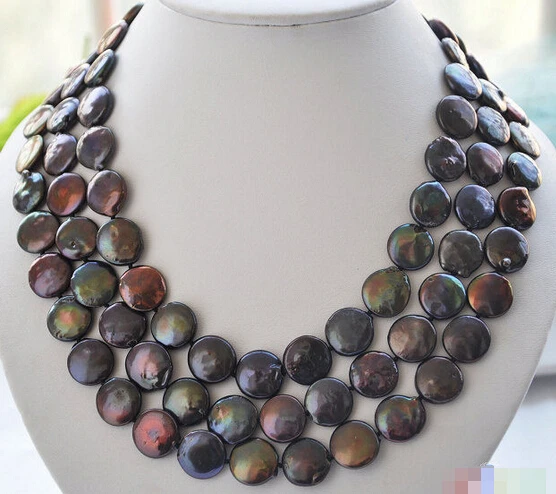 

HOT## Wholesale >>>> P4031 3row 21" 14mm black coin freshwater pearl necklace