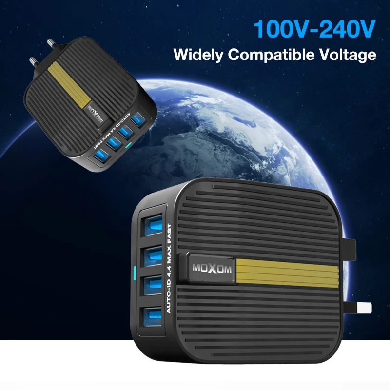 MOXOM 4 порта USB зарядное устройство адаптер 4A Зарядка для путешествий Светодиодная