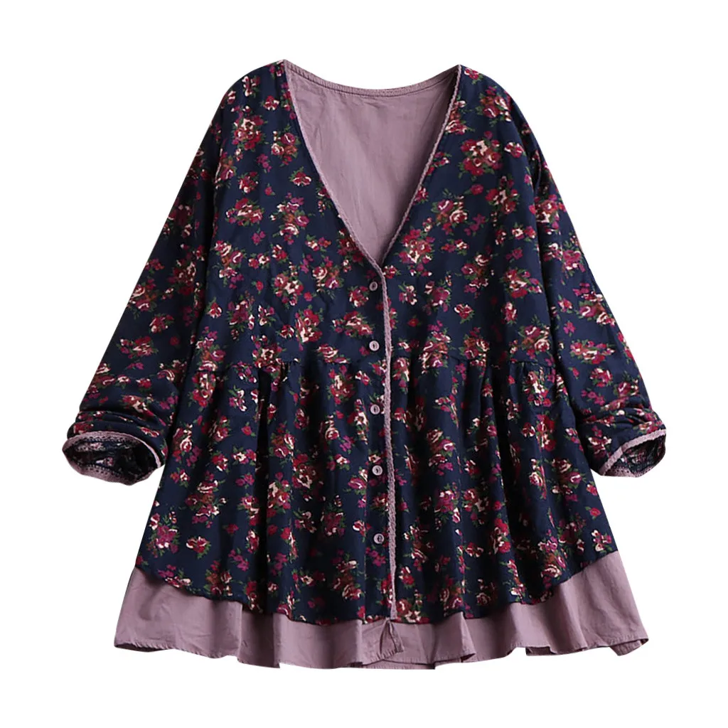 

Womens Cotton And Linen Lace Print Blouses With Button Bohemian style Ladies V Neck Long Sleeve Shirts Cute Tunic Blouse