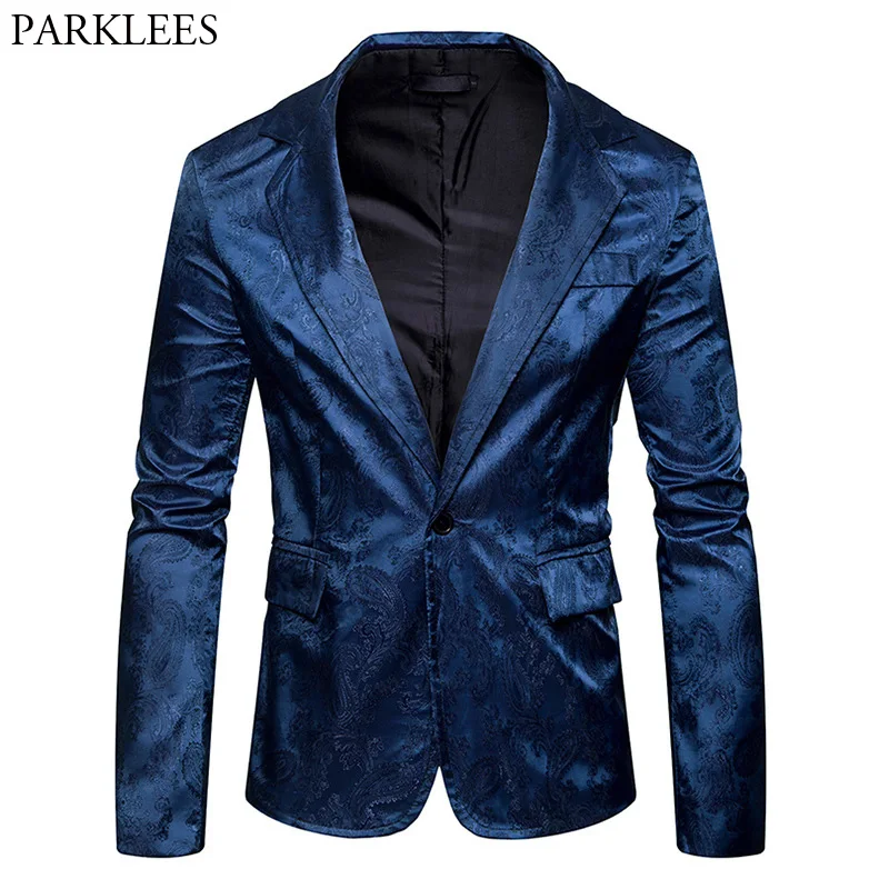 

Navy Blue Mens Paisley Suit Notched Lapel Slim Fit Single Breasted One Button Blazer Men Dress Party Casual Blazers Suit Jackets