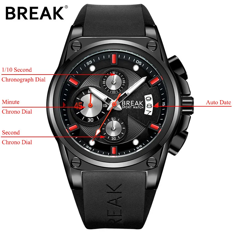 Часы BREAK, мужские роскошные брендовые кварцевые часы, модные спортивные часы с хронографом, мужские часы 5623 - Цвет: black red