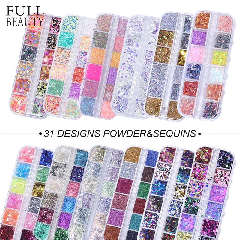 كامل الجمال 12 شبكات/مجموعات مسمار مجموعة ترتر براقة مختلط مرآة/Meramid/السكر جولة DIY فليك مسمار الفن زينة CH067