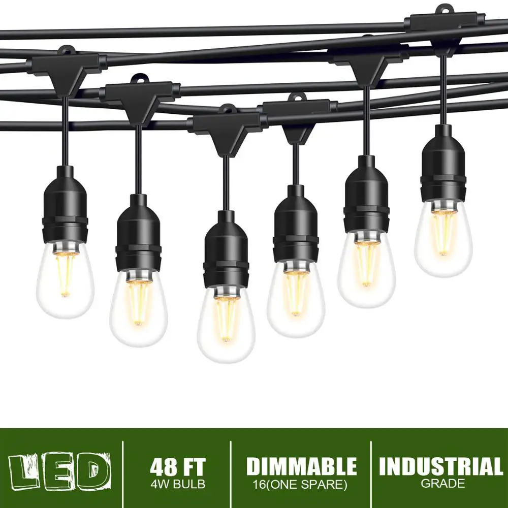 

ISRAMP Outdoor Lights, 4W LED Dimmable String Light for Patio Backyard 48Ft Industrial Grade 15 E26 Sockets Hanging Lights