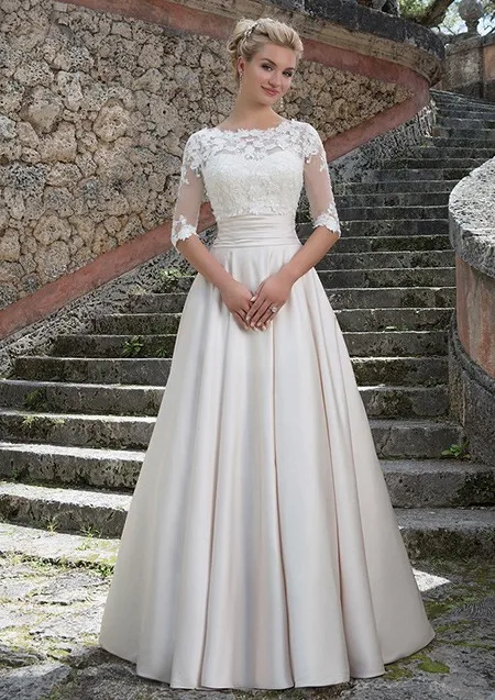 

Vintage Satin A-line Long Modest Wedding Dresses With Detachable Lace Top Buttons Back Bridal Gowns Sweetheart Vestidos De Novia