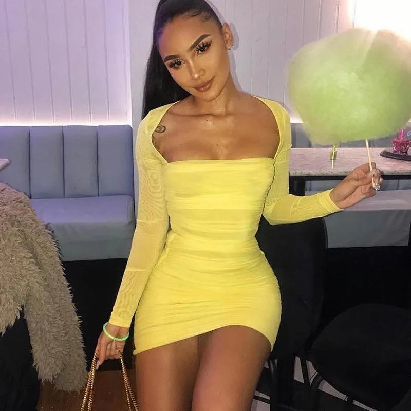 

2019 Yellow Mesh Sexy Elegant Bodycon Dress Women Long Sleeve Mini Party Wrap Dress Summer Casual Beach Dress