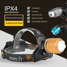 BORUIT 2000LM T6 светодиодный налобный фонарь с 3 режимами, масштабируемый налобный фонарь с 18650 батареей, водонепроницаемый фонарь для кемпинга и охоты