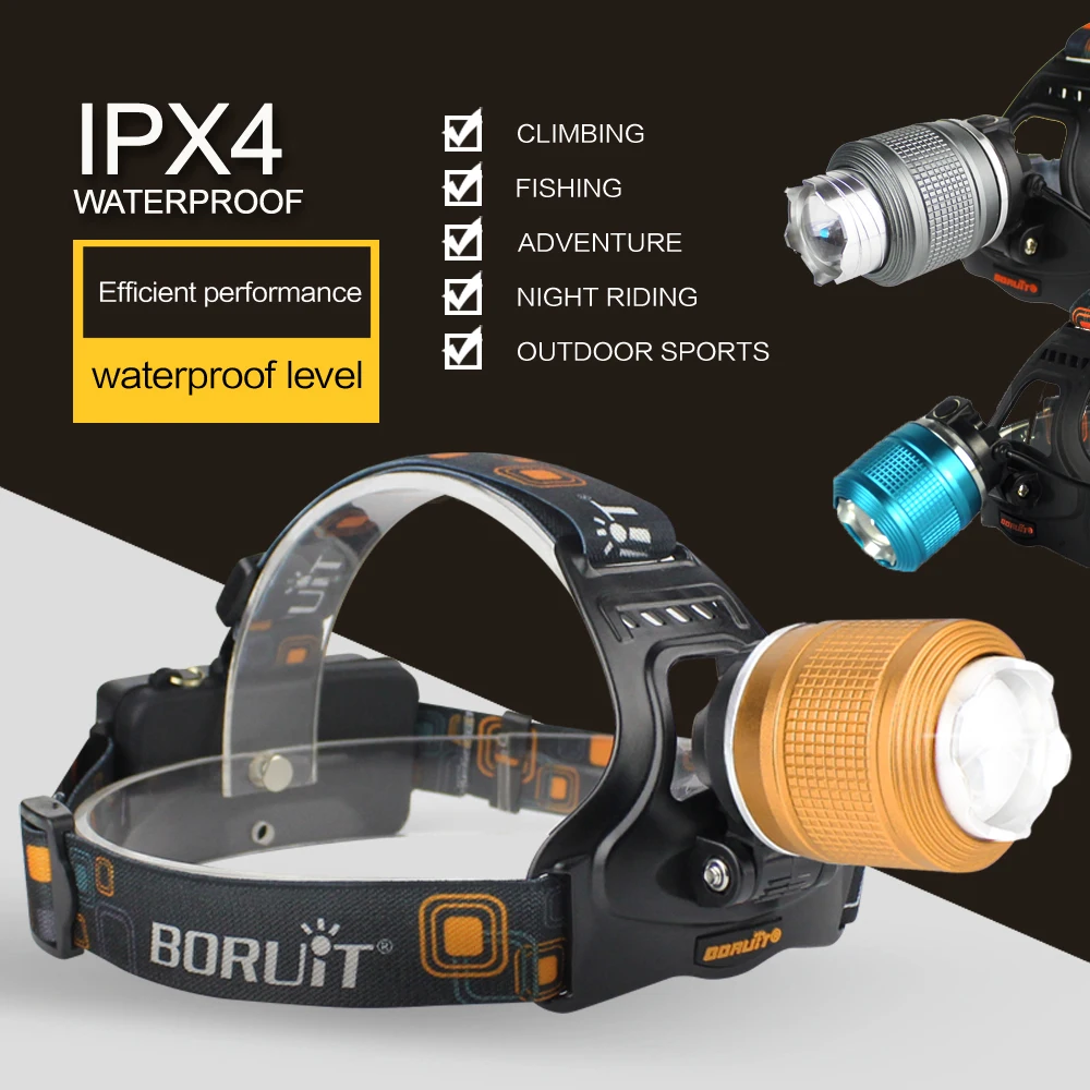 Best BORUIT 2000LM T6 LED Headlight 3 Modes Zoomable Headlamp Use 18650 Battery Head Torch Waterproof Camping Hunting Flashlight