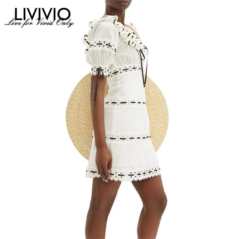 

[LIVIVIO] Elegant Lace Patchwork Dress For Women O Neck Puff Sleeve High Waist Ruffles Lace Up Slim Mini Dresses Women's 2019