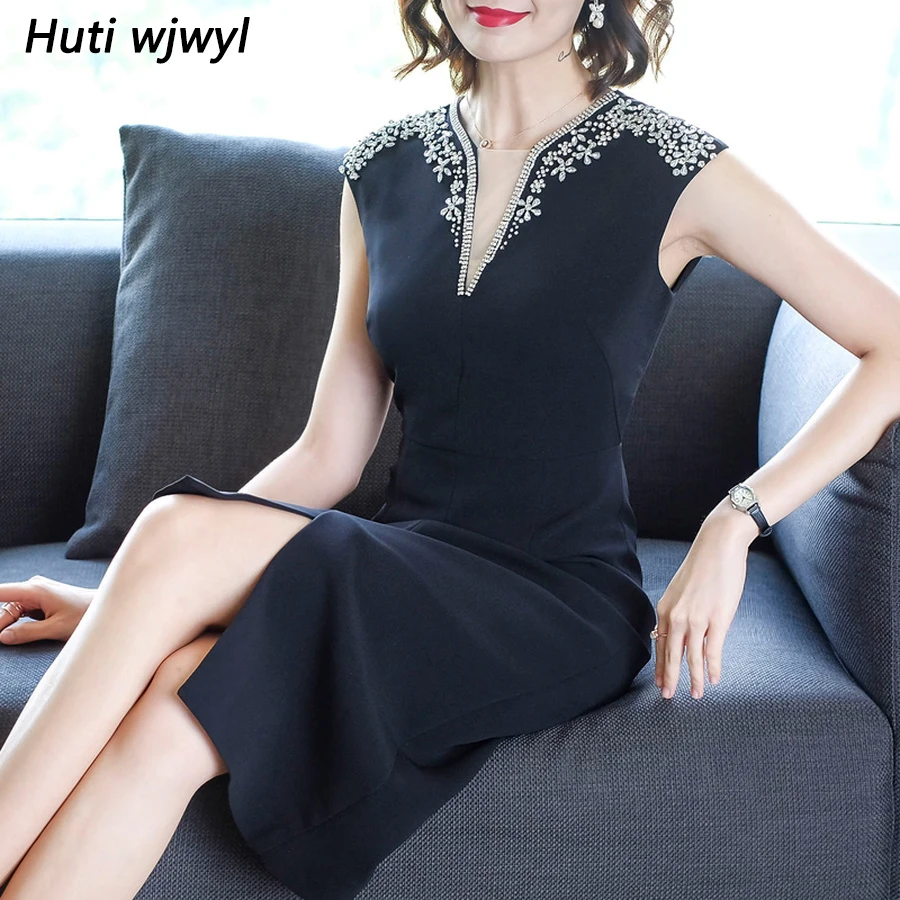 

2019 Vintage Elegant Chic Solid Boho Midi Dresses Summer 4XL Plus Size Black V-Neck Sexy Sundress Women Bodycon Party Vestidos