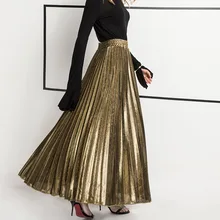 Danjeaner Fashion Women's High Waist Pleated Solid Color Length Elastic Skirt Promotions Lady Gold Sliver Party Casual Skirts