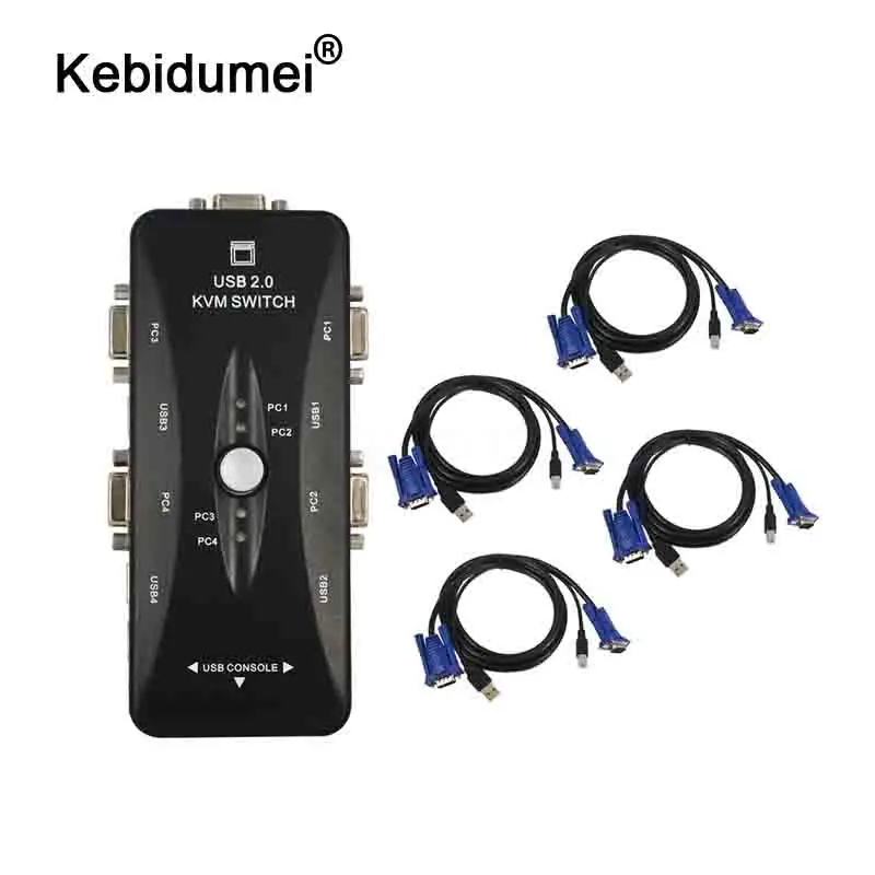 

USB 2.0 KVM 4 Port Switch VGA SVGA Switcher Hub Splitter Box Selector Adapter + 4 Cable for Control Multiple PC Desktop Monitor