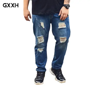 

2018 Summer New Large size Loose Nine Points Hole jeans Extra Large XXL-6XL 7XL 8XL Thin section jeans Stretch Casual Blue jeans