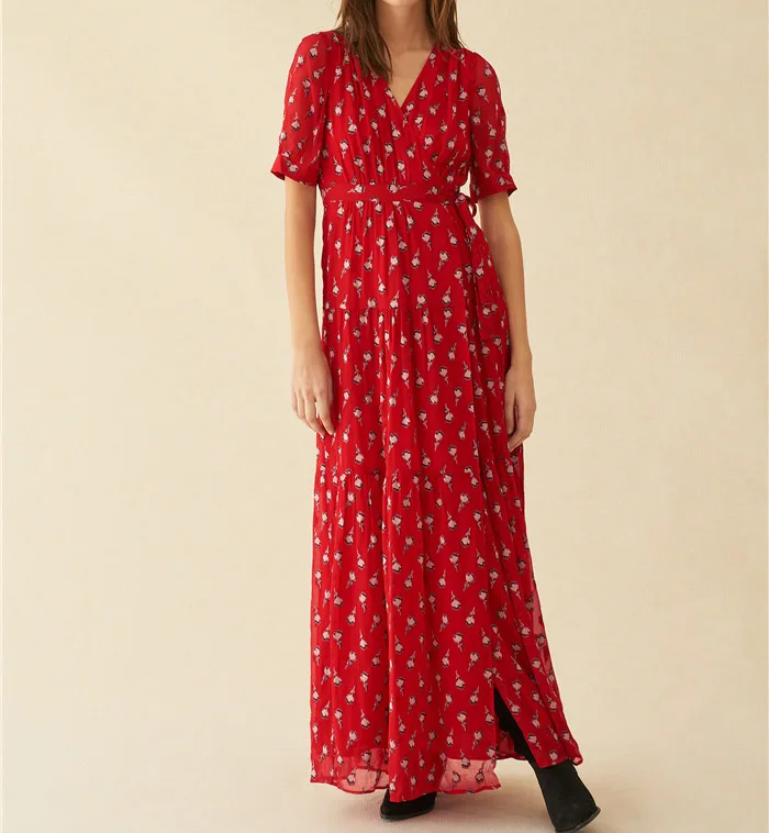 

Silk 100% Women V Neck Flower Print Short Sleeve Waist Ties Long Dress