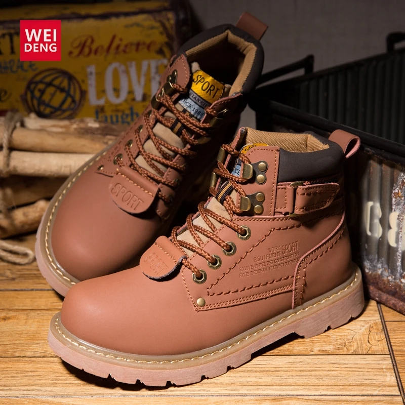 WeiDeng/большие Size35-46; мужские рабочие кожаные зимние ботинки; женские уличные водонепроницаемые классические теплые зимние ботинки на меху; высококачественные ботильоны