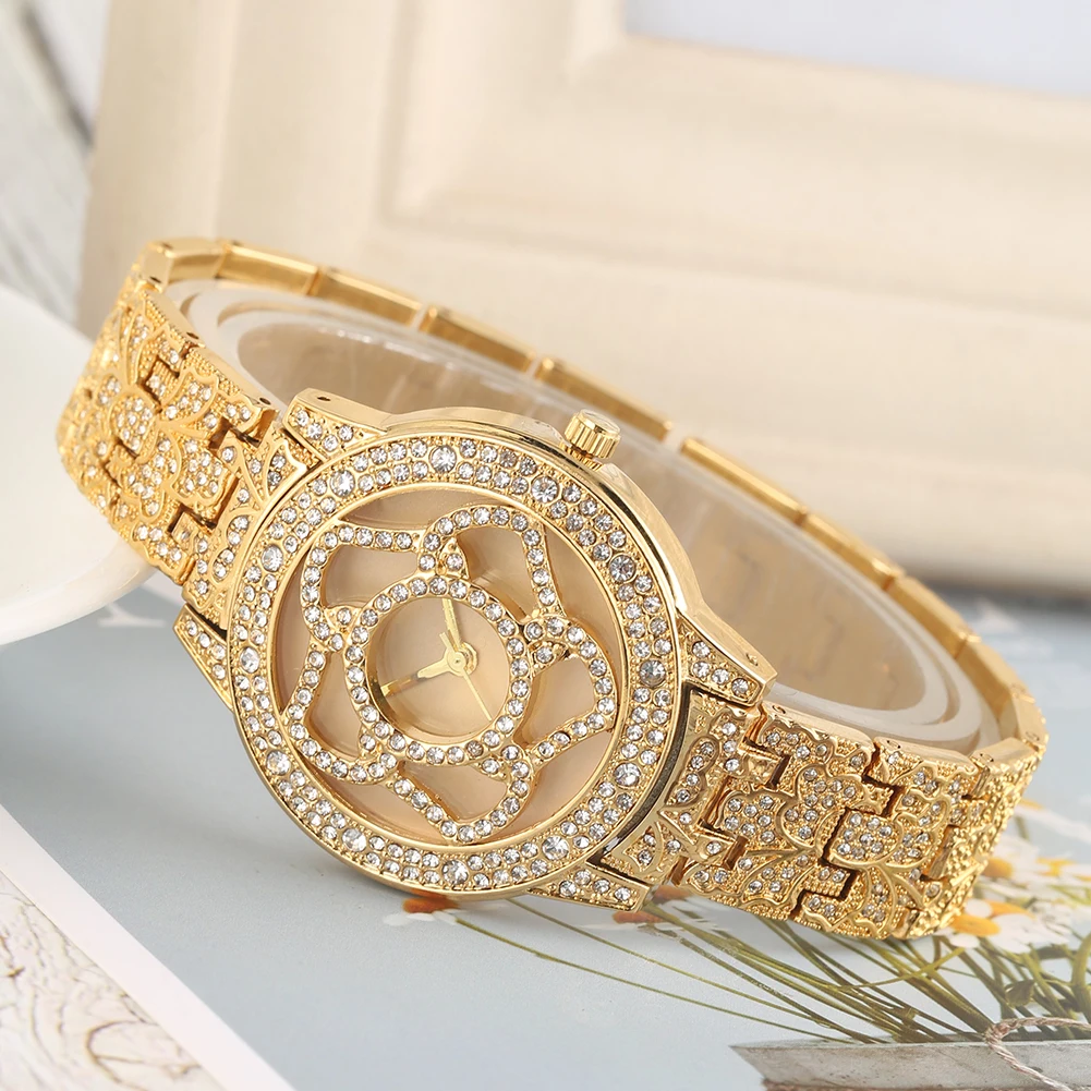 Женские кварцевые часы Роскошные инкрустированные бриллиантами часы со скелетом из сплава Уникальный цветочный узор с бриллиантами наручные часы для женщин