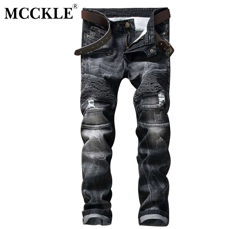 MCCKLE 2018 Autumn Mens Ripped Skinny Jeans Men Streetwear Pleated Black Biker Trousers Male Europe Fashion Moto Denim Pants