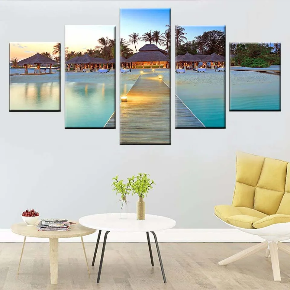 

HD Print Nordic Home Decor 5 Piece Beach Wall Art Sea Tree Modular Picture Landscape Canvas Painting Landscape Poster Art Frame