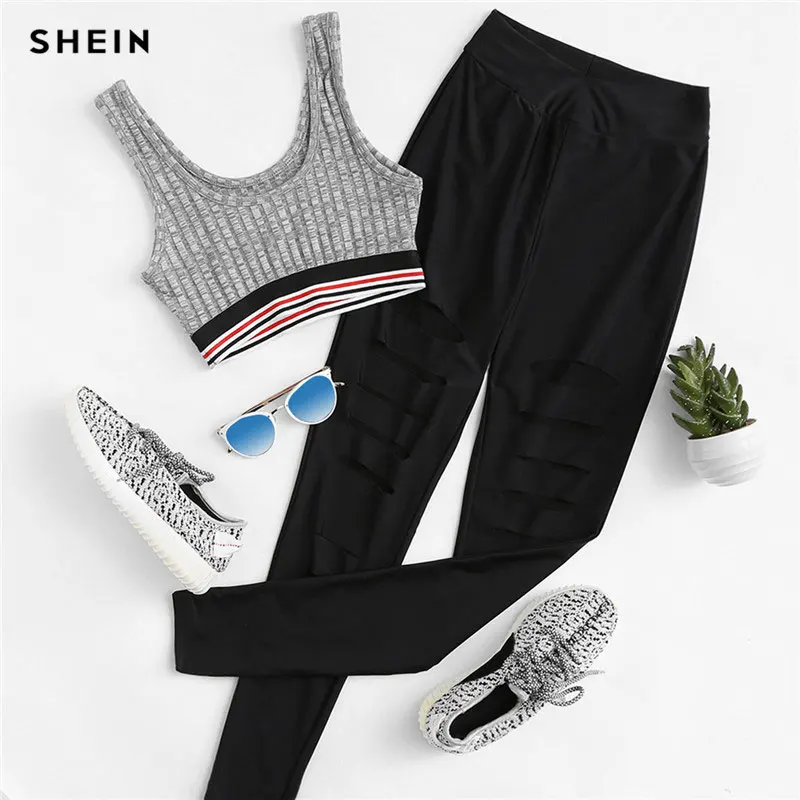 SHEIN черные леггинсы женские сетчатые рваные Леггинсы со средним обхватом талии
