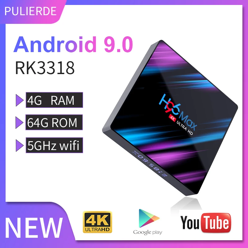 

PULIERDE 4GB 64GB Android 9.0 TV Box Rockchip RK3318 4K Smart TV Box 2.4Ghz 5GHz Wifi Bluetooth4.0 Media Player Set Top Box