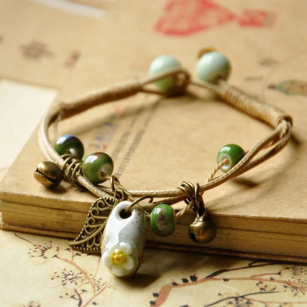 

Fashion Lucky Women Lady Multilayer Bracelet Ceramics Flower Leaf Bead Rope Bangle Gift