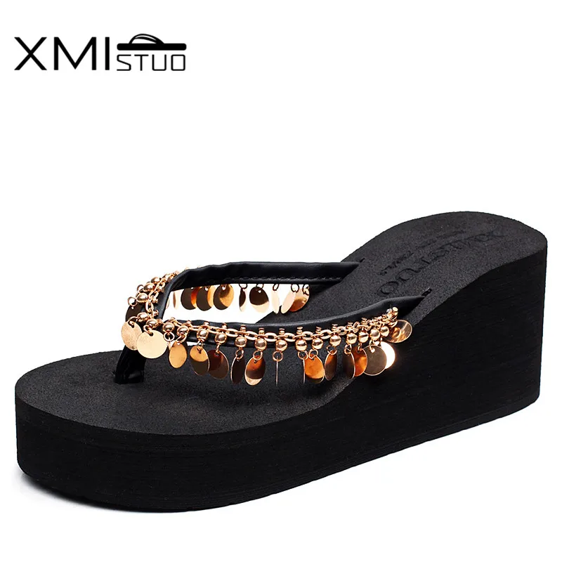 

XMISTUO Women Flip Flops with Bling Female Summer Beach Platform SlidesWedges Anti-skid 7cm High-heeled Slippers 4 Color 7116W