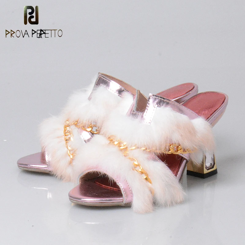 Women's Summer Rivets Platform Real Fluffy Fur Heels House Slippers