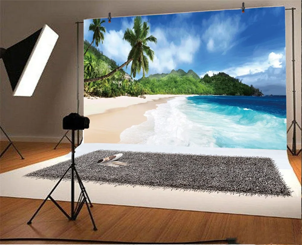 Laeacco Sea Beach Palm Tree Mountain Summer Scenic Photography Backgrounds Customized Photographic Backdrops For Photo Studio
