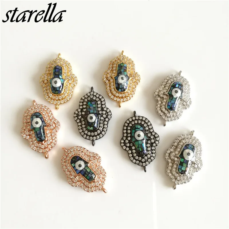 

Starella Micro Pave CZ Connector Natural Abalone Shell Hand of Fatima Evil Eye Charm for Bracelet Making Accesorios Joyeria