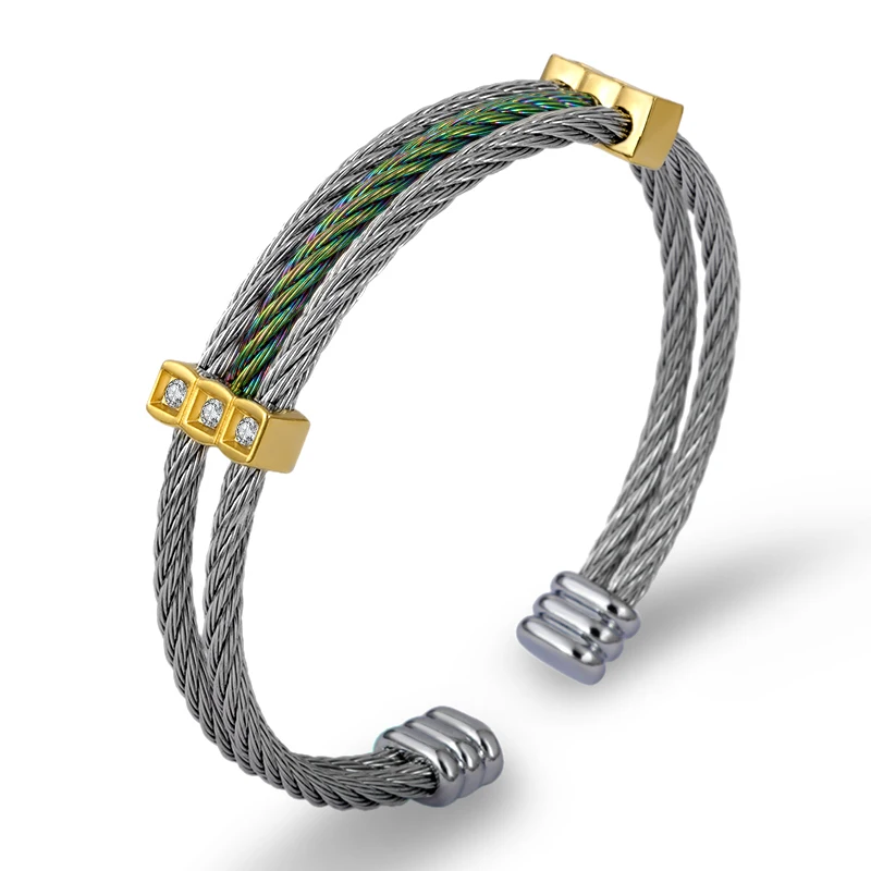 

Stainless Steel Multicolor Wire Twist Cuff Bracelets Women Three Crystals Bangles For Men Punk Fashion Jewelry Wholesale