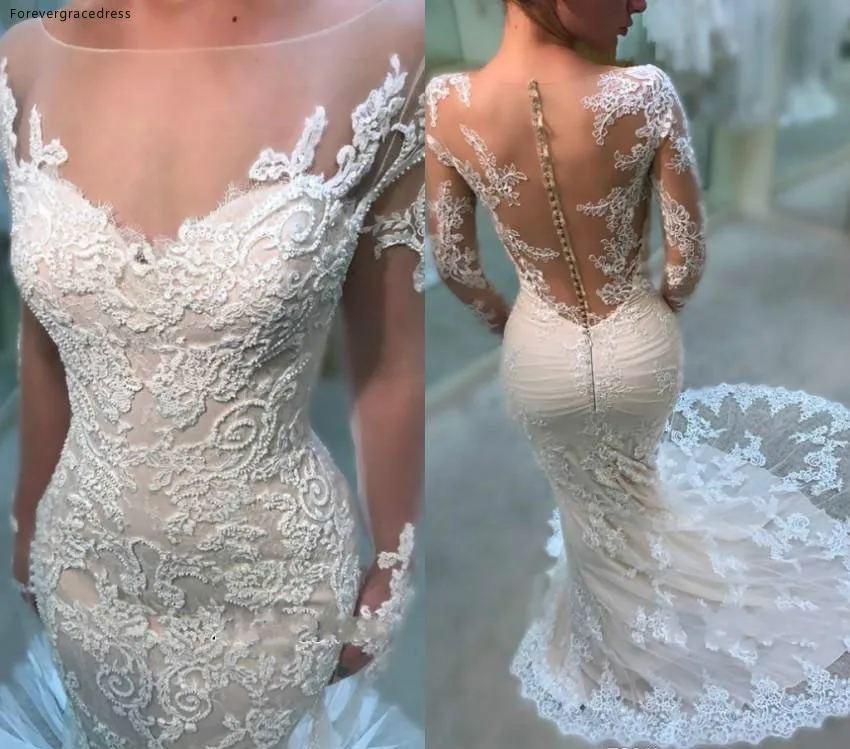 

Cheap Long Sleeve Mermaid Wedding Dress Lace Zipper And Covered Button Back Garden Country Church Bride Bridal Gown Plus Size