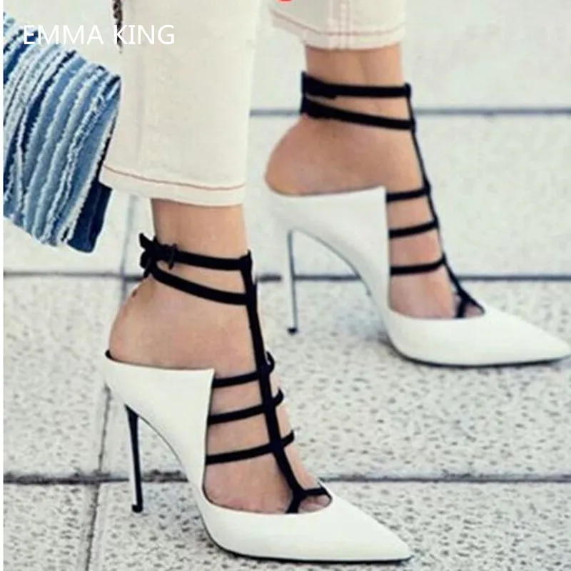 

EMMA KING Mixed Colors Pointed Toe Fashion Summer Women's Pumps Stilettos Belt Buckle Zapatos Mujer Tacon Open Heels Sexy Shoes