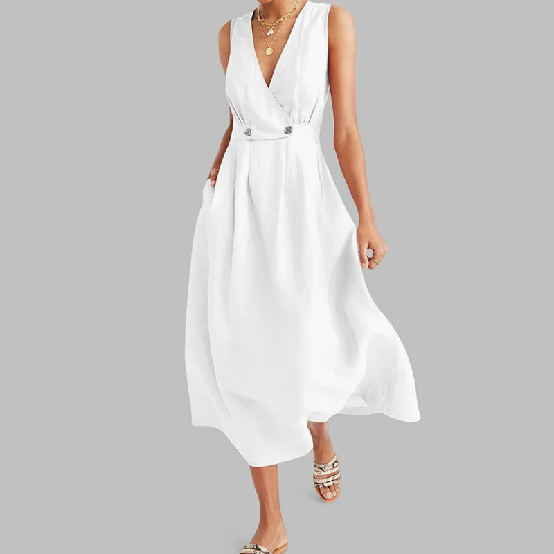 

Elegant Summer Commute Ladies Long Dresses Cotton And Linen Women V Neck Pleated Pure Colour Button Dress