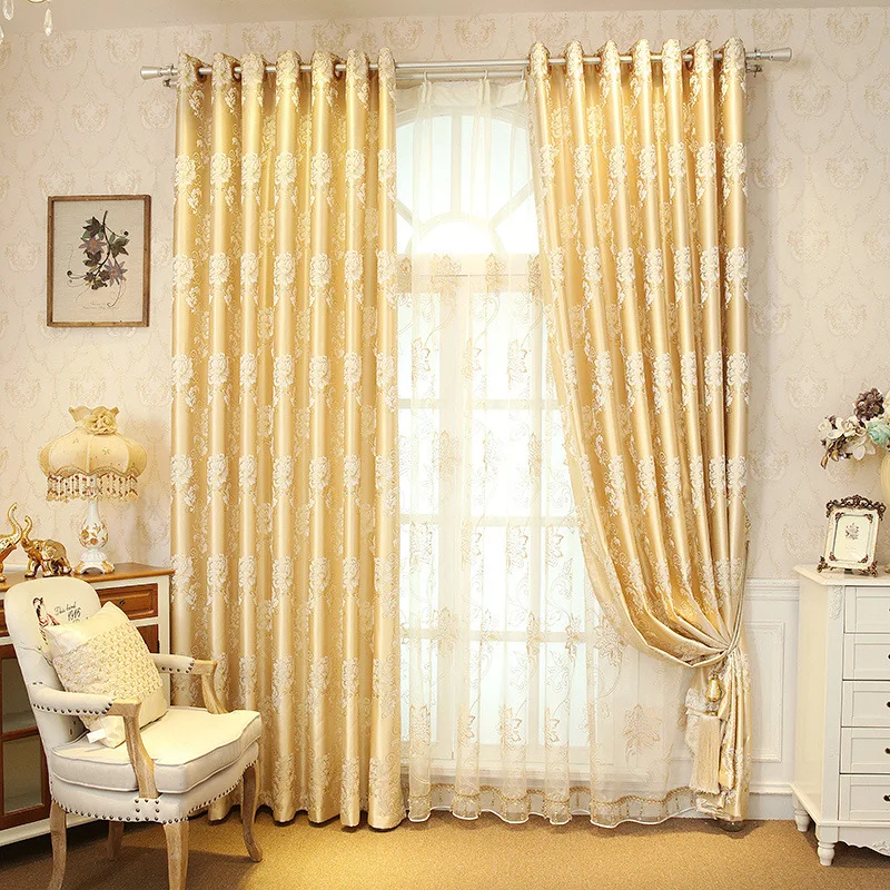 Европейские Роскошные затемненные Цветочные Золотые оконные шторы для гостиной спальни с тюлем балдахин