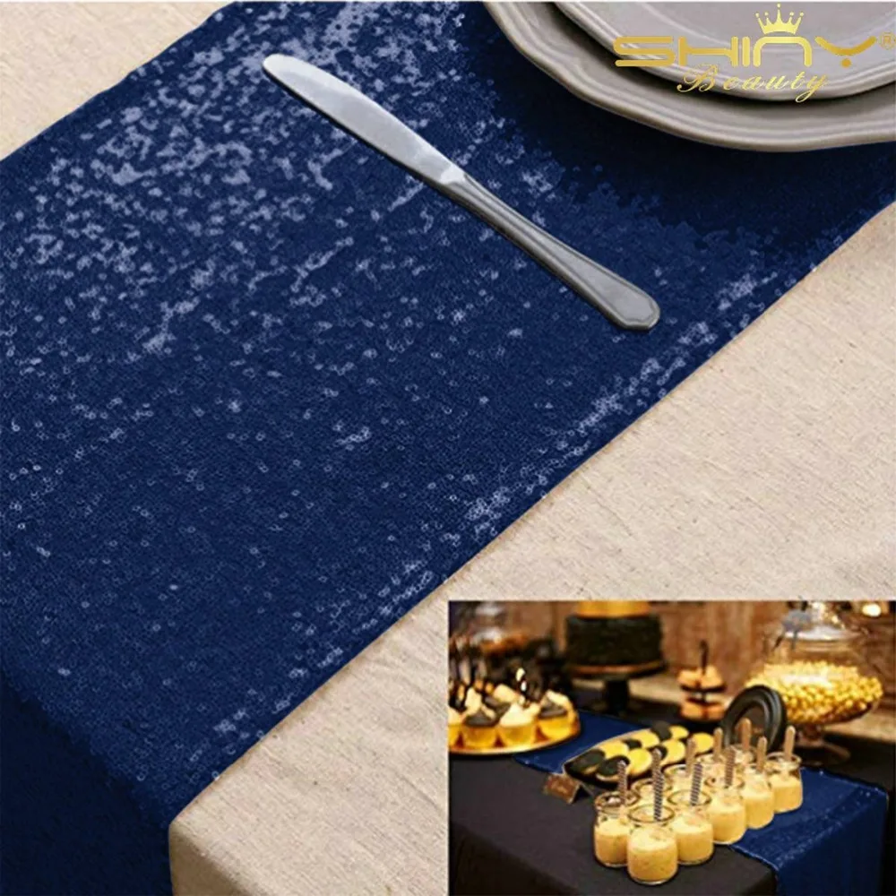 ShinyBeauty 12x96inch Navy Blue Sequin Table Runner For Event/Party