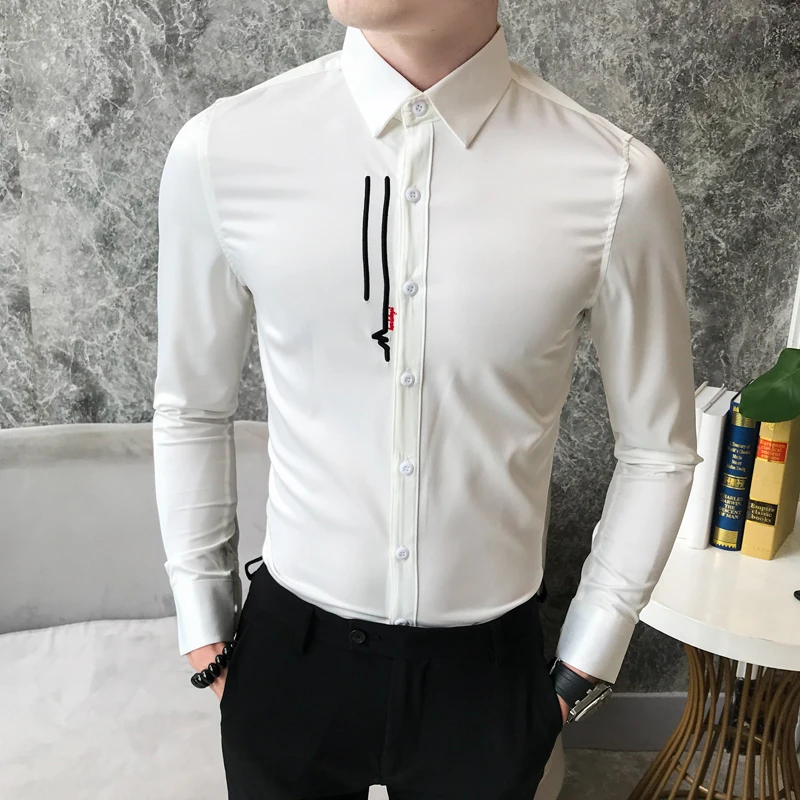 British Style Dress Shirt Men Fashion 2019 Autumn New Slim Fit Prom
